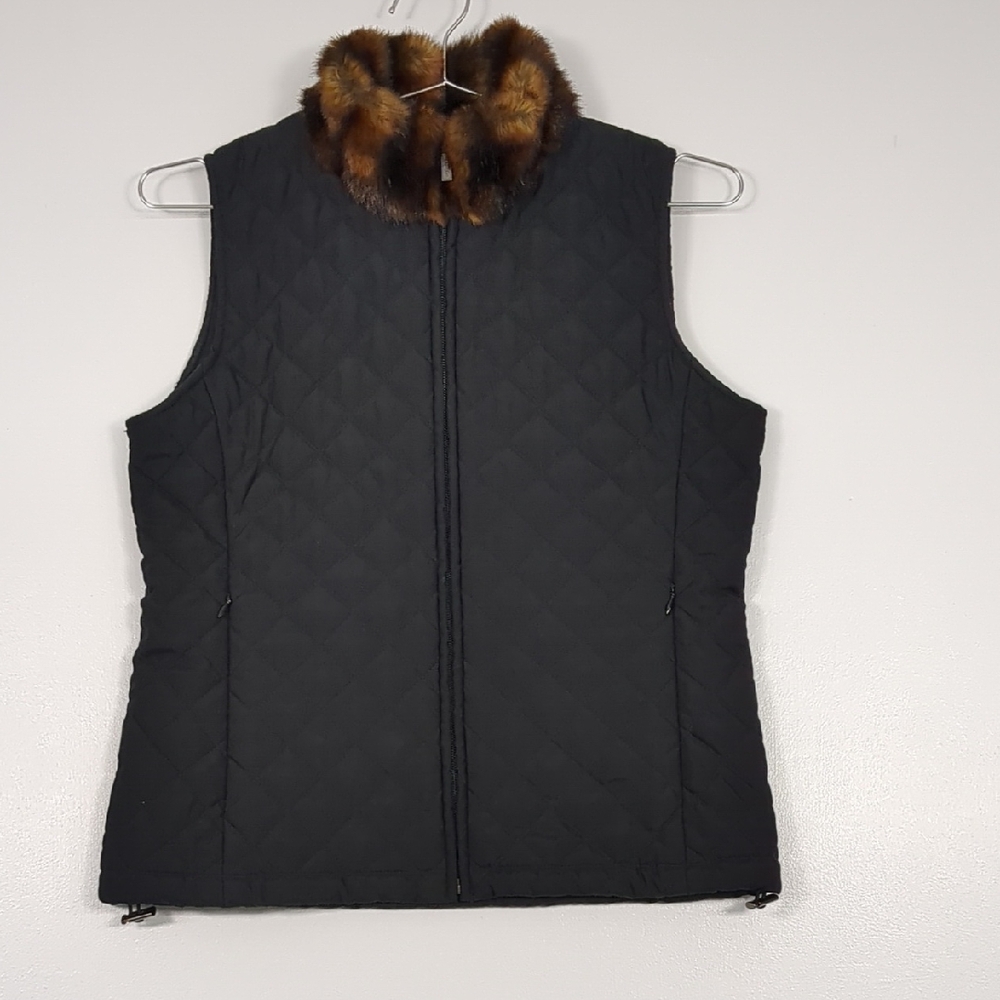 Lauren Ralph Lauren Women's Black Quilted Vest with Faux Fur Collar Size sp EUC